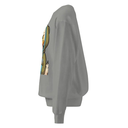 Gray sweatshirt with a colorful graphic on the back against a white background