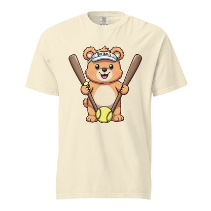Cartoon bear holding softball bats and ball wearing a visor labeled “Softball” – printed on garment-dyed heavyweight t-shirt for sporty moms