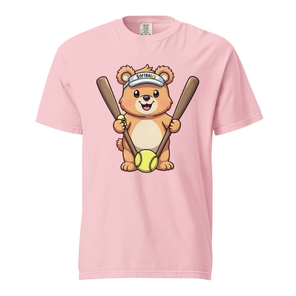 Cartoon bear holding softball bats and ball wearing a visor labeled “Softball” – printed on garment-dyed heavyweight t-shirt for sporty moms