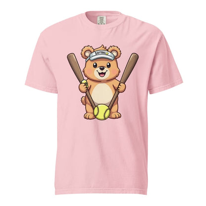 Cartoon bear holding softball bats and ball wearing a visor labeled “Softball” – printed on garment-dyed heavyweight t-shirt for sporty moms