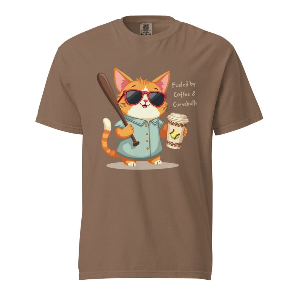 Cool cat with sunglasses holding a softball bat and coffee cup, beside text “Fueled by Coffee & Curveballs” – printed on soft heavyweight t-shirt for sporty moms