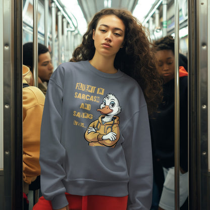 Person wearing a sweatshirt with a cartoon character on a subway