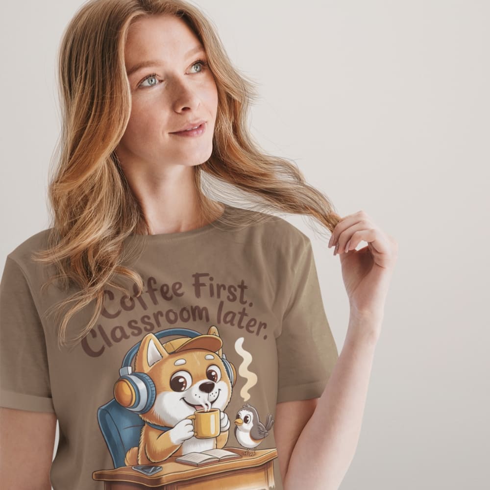 Woman wearing a brown t-shirt with a cartoon dog and text design.
