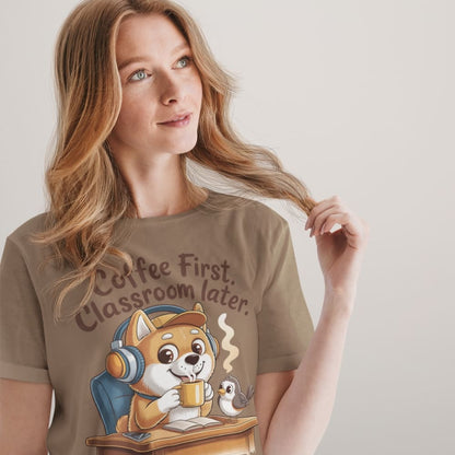 Woman wearing a brown t-shirt with a cartoon dog and text design.