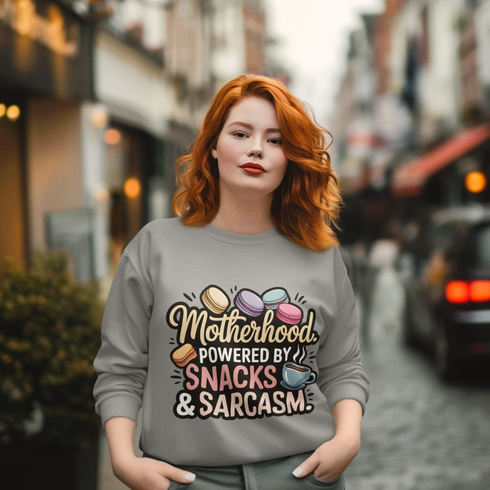 Sweatshirt design with text “Motherhood. Powered by Snacks & Sarcasm.” featuring colorful macarons and a steaming coffee cup on vintage-washed cotton fleece.