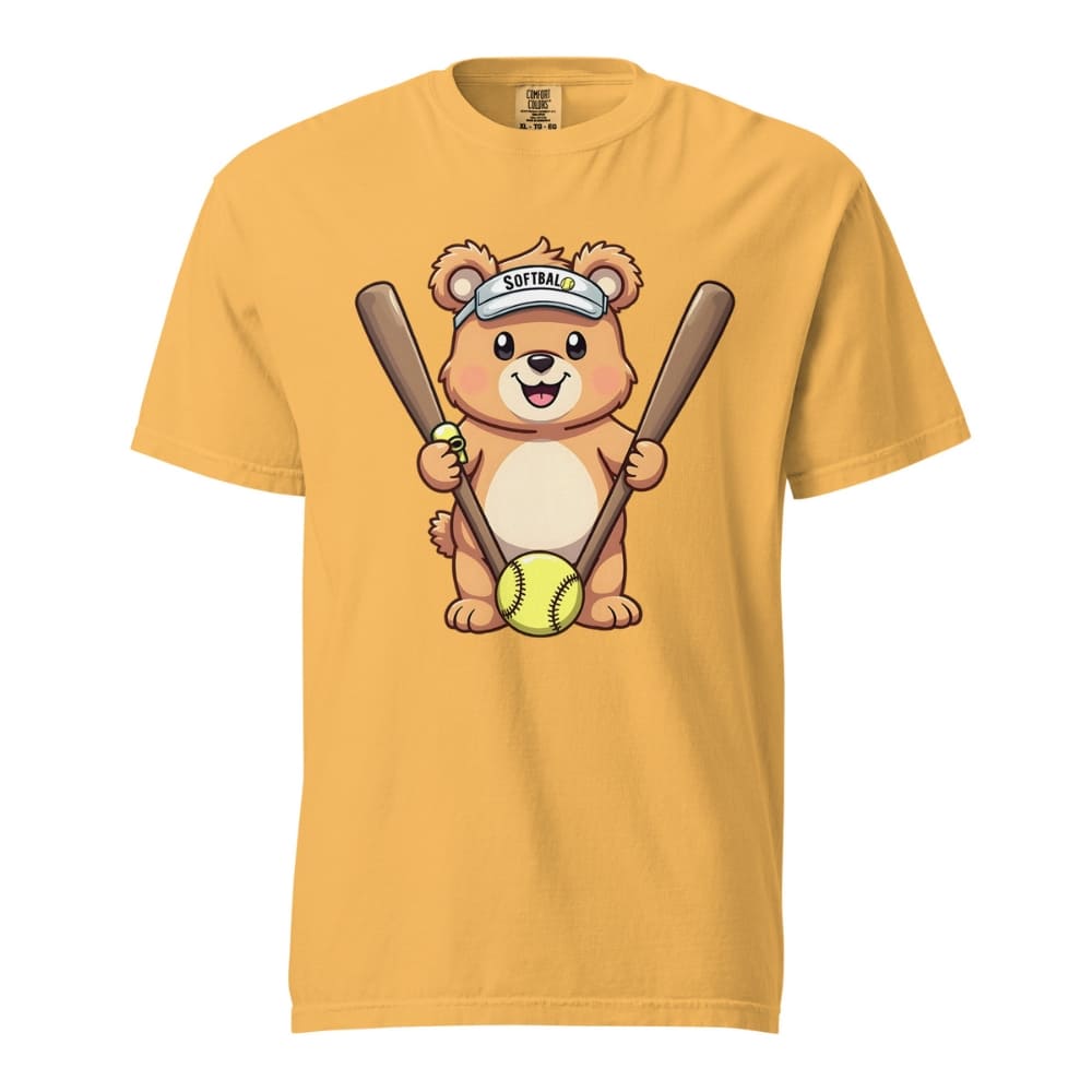 Cartoon bear holding softball bats and ball wearing a visor labeled “Softball” – printed on garment-dyed heavyweight t-shirt for sporty moms