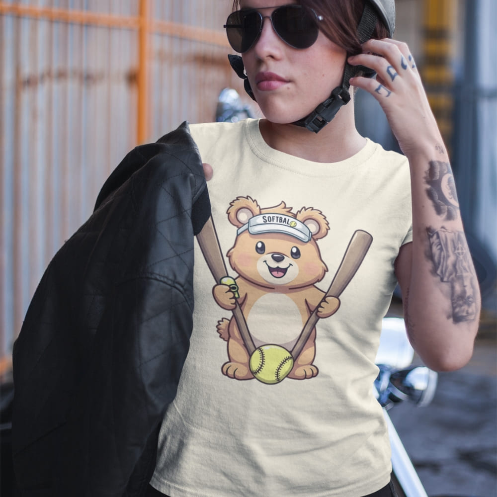 Cartoon bear holding softball bats and ball wearing a visor labeled “Softball” – printed on garment-dyed heavyweight t-shirt for sporty moms
