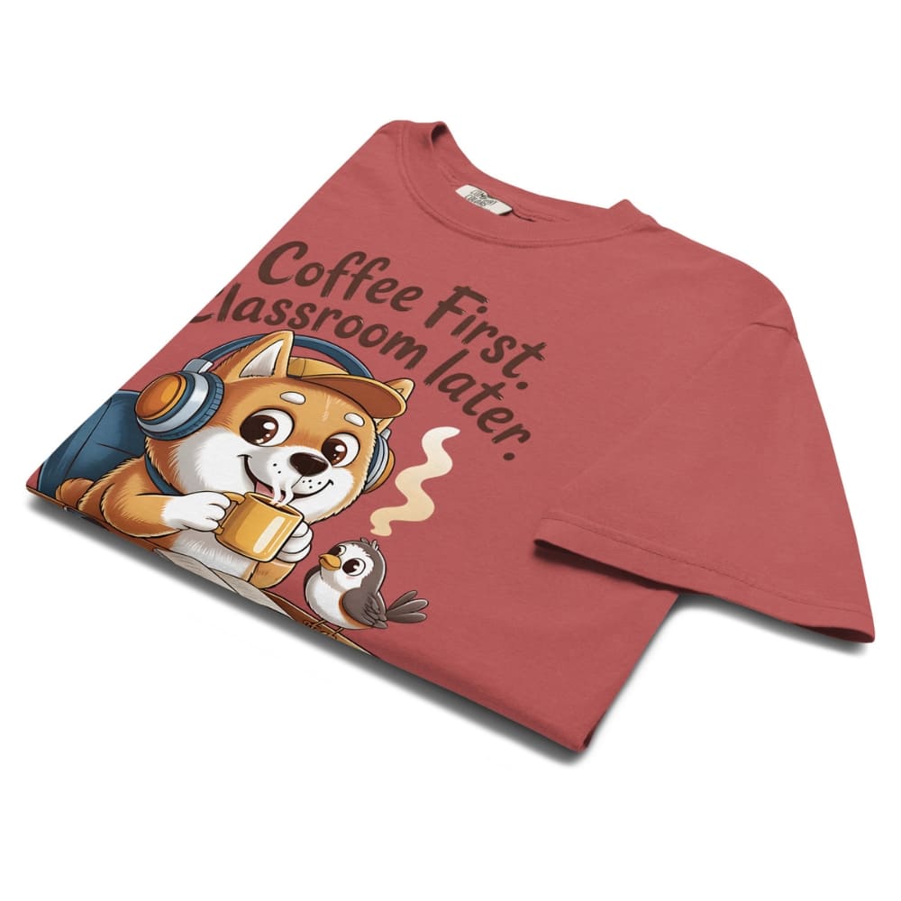 Red t-shirt with a cartoon dog and text design on a white background