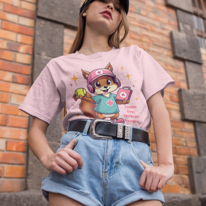 Cute squirrel nurse cartoon in scrubs, pink cap, and headset holding a softball and medical kit with the phrase “Saving Lives Between Innings” — printed on a heavyweight cotton t-shirt