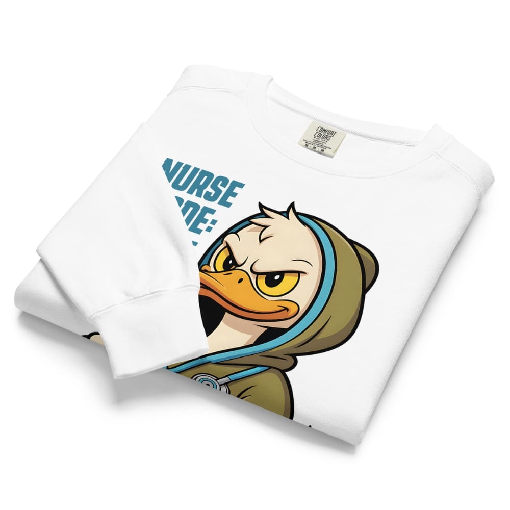 White hoodie with cartoon duck design and text on a white background