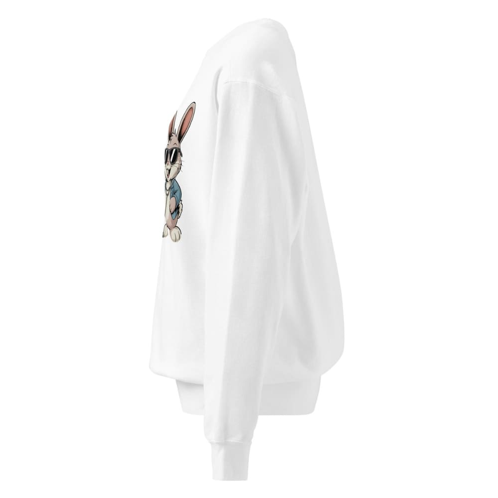 White sweatshirt with a graphic of a rabbit on the sleeve against a white background