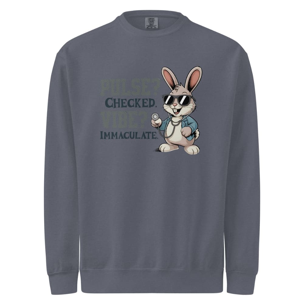 Gray sweatshirt with a cartoon rabbit and text on a white background