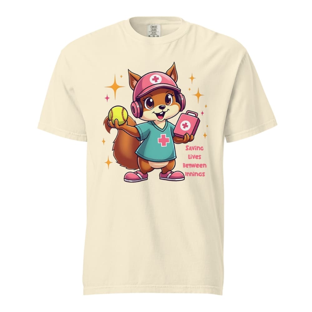 Cute squirrel nurse cartoon in scrubs, pink cap, and headset holding a softball and medical kit with the phrase “Saving Lives Between Innings” — printed on a heavyweight cotton t-shirt