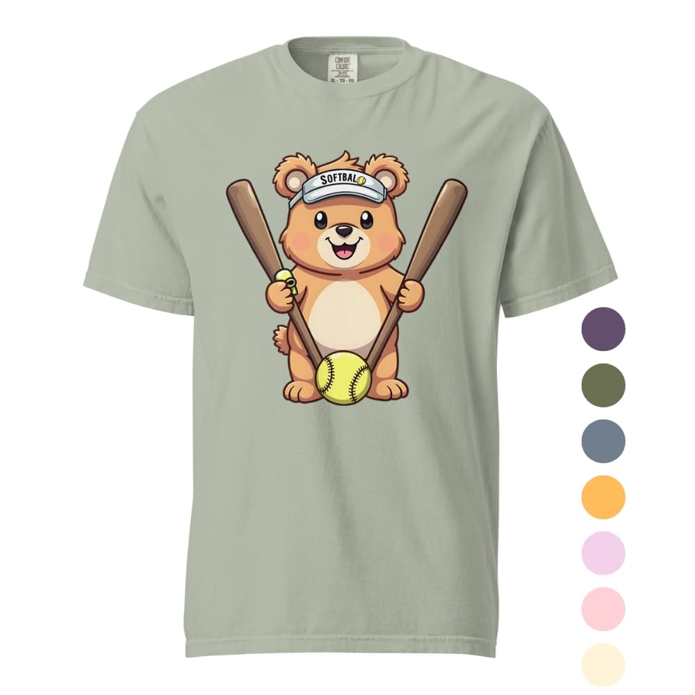 Cartoon bear holding softball bats and ball wearing a visor labeled “Softball” – printed on garment-dyed heavyweight t-shirt for sporty moms