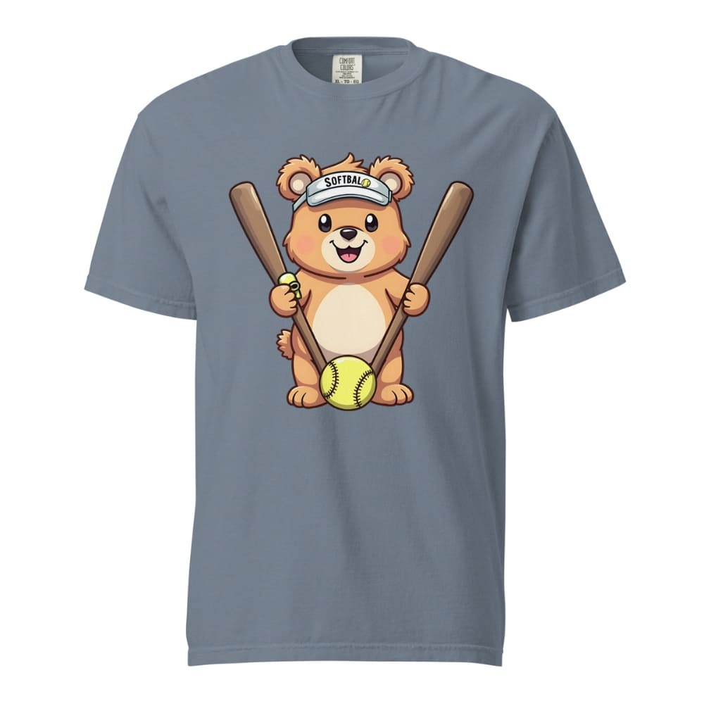 Cartoon bear holding softball bats and ball wearing a visor labeled “Softball” – printed on garment-dyed heavyweight t-shirt for sporty moms