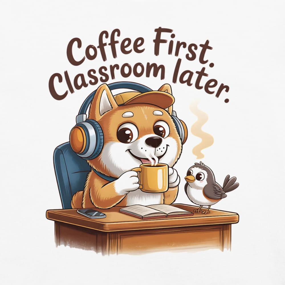 Cartoon dog with headphones drinking coffee, sitting at a desk with a bird and text 'Coffee First, Classroom later.'