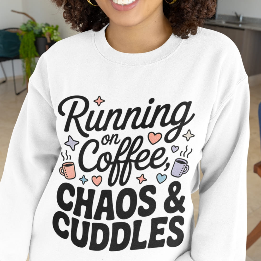 Person wearing a white sweatshirt with text 'Running on Coffee, Chaos & Cuddles' in a casual setting.