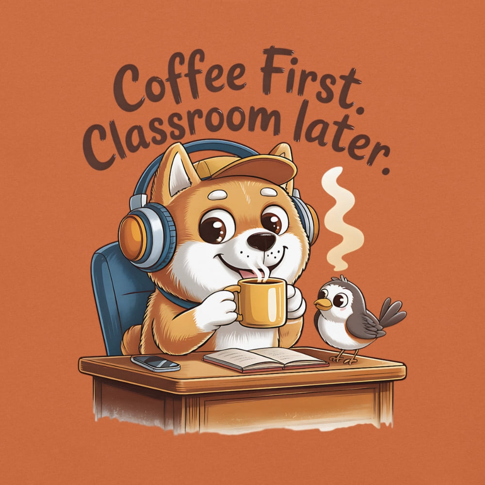 Cartoon dog with headphones drinking coffee next to a bird, with text 'Coffee First, Classroom later.' on an orange background.