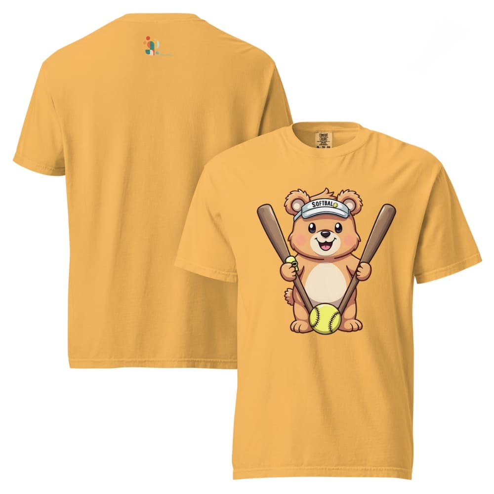 Cartoon bear holding softball bats and ball wearing a visor labeled “Softball” – printed on garment-dyed heavyweight t-shirt for sporty moms