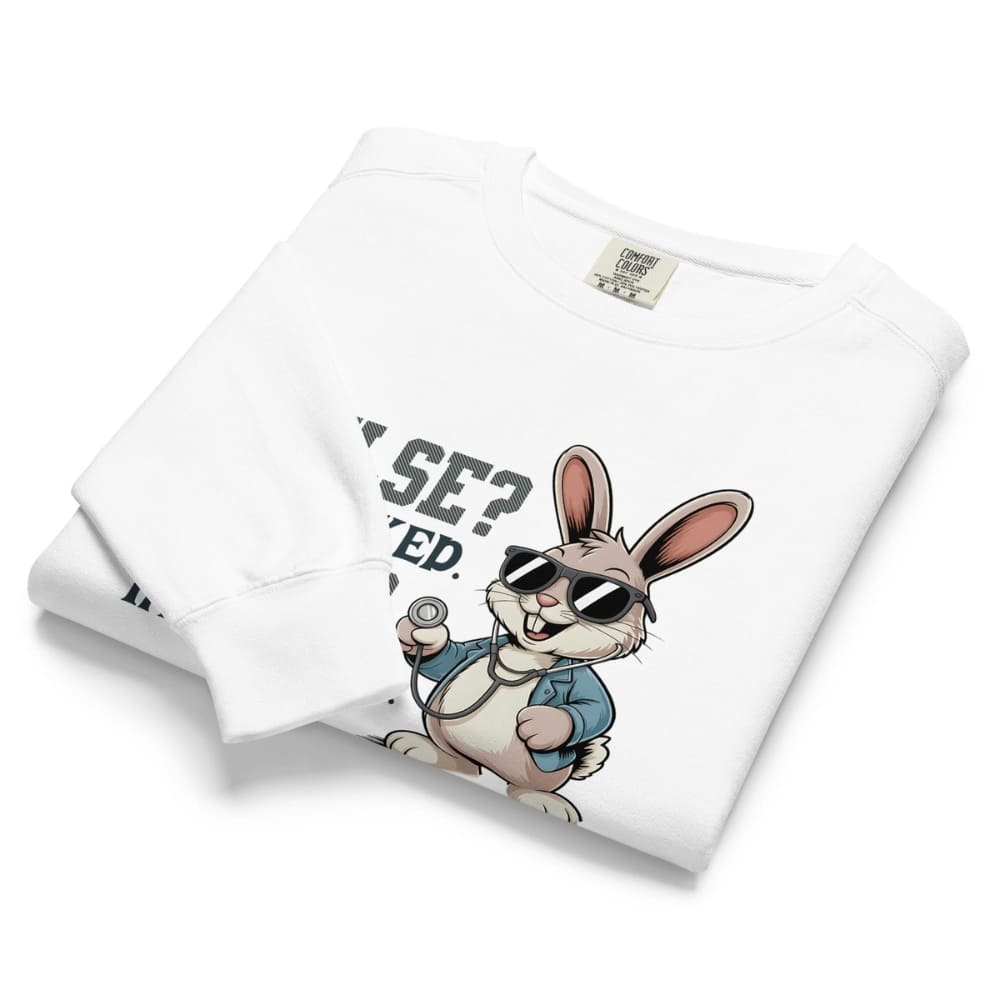 White t-shirt with cartoon rabbit design and text on a white background