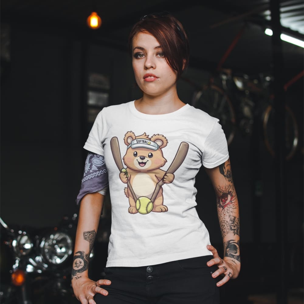 Cartoon bear holding softball bats and ball wearing a visor labeled “Softball” – printed on garment-dyed heavyweight t-shirt for sporty moms