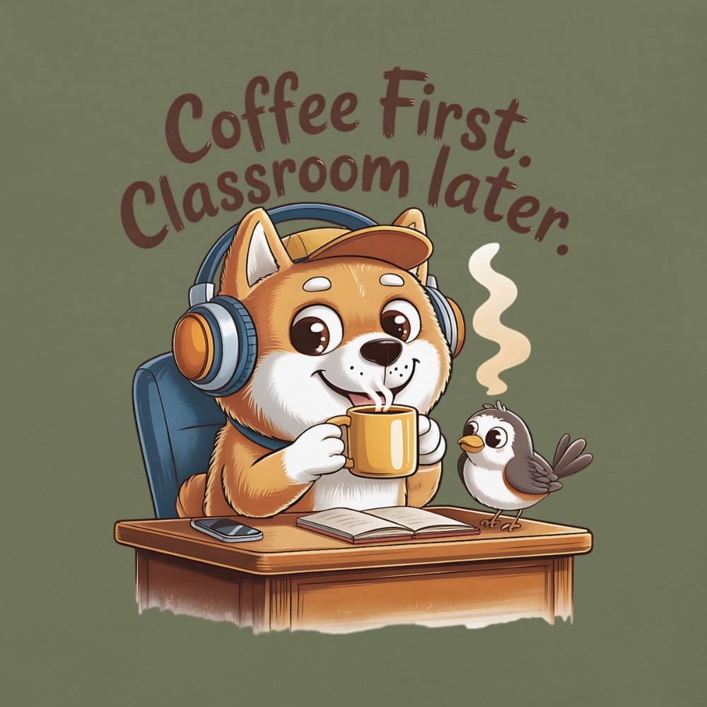 Cartoon dog with headphones drinking coffee next to a bird, with text 'Coffee First, Classroom later.'