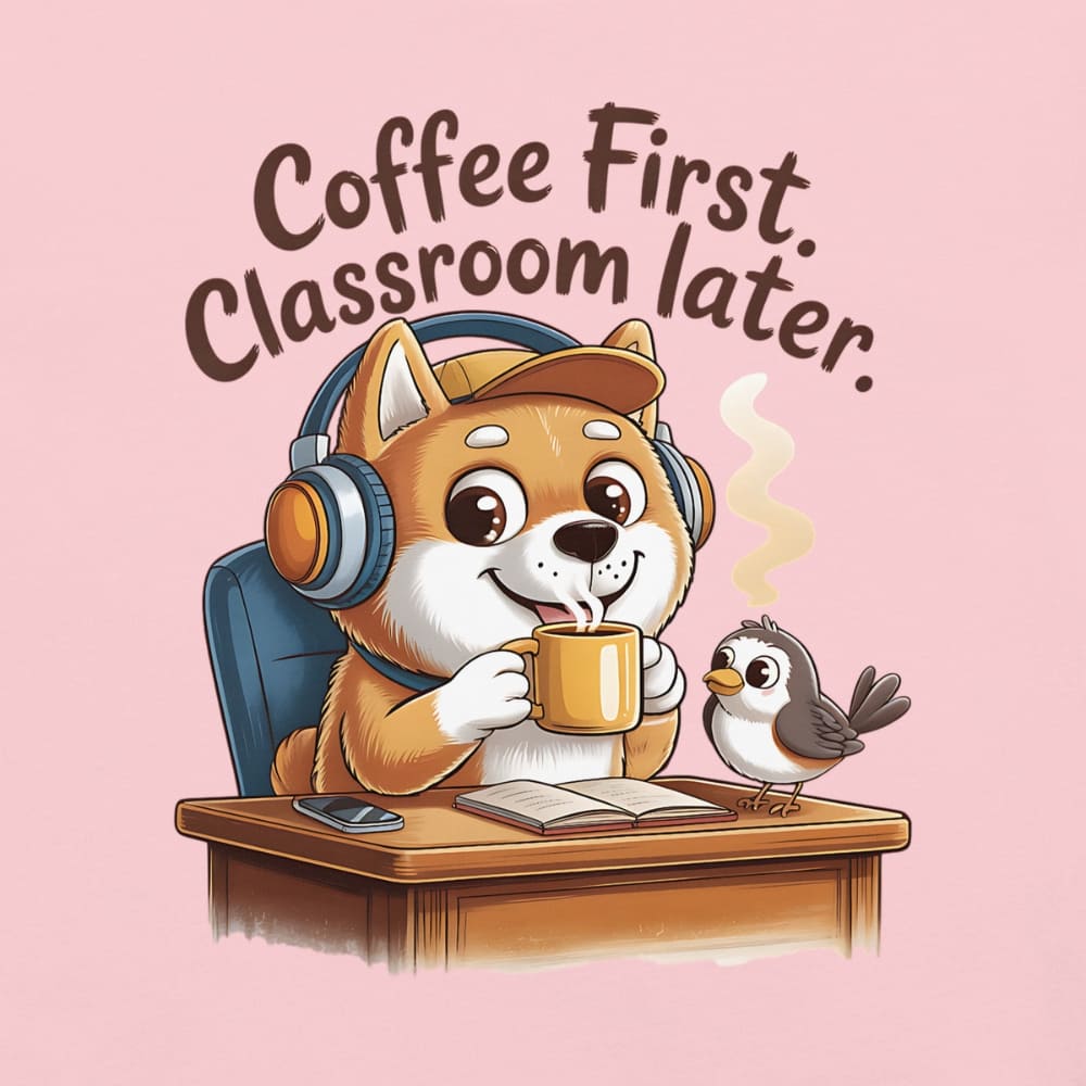 Cartoon dog with headphones drinking coffee, surrounded by a bird, on a pink background with 'Coffee First, Classroom Later' text.