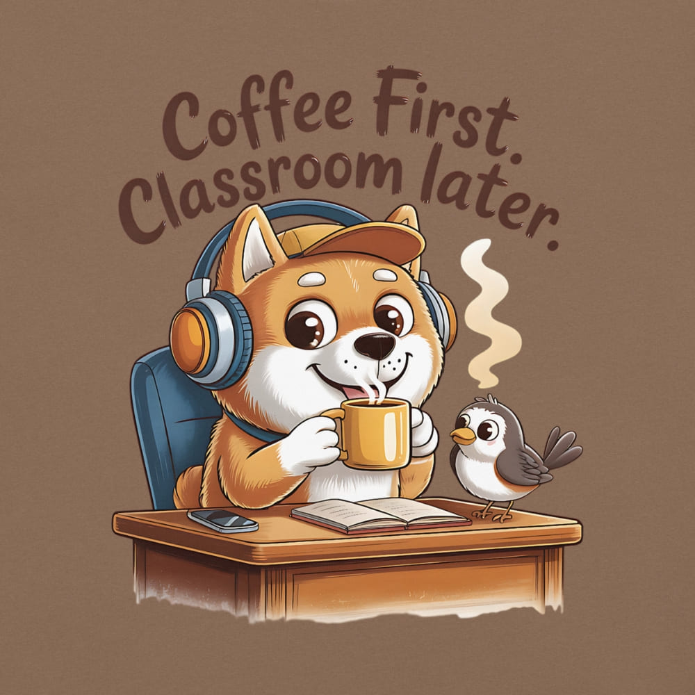 Cartoon dog with headphones drinking coffee next to a bird, with text 'Coffee First. Classroom later.' on a brown background.