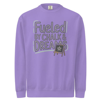 Fueled by Chalk & Dreams printed design on a vintage-style garment-dyed sweatshirt with chalkboard illustration – soft fleece ideal for teachers