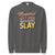 “Mommin' Ain’t Easy But I Slay” retro-style DTG printed design in peach, blue, and yellow on vintage garment-dyed fleece sweatshirt