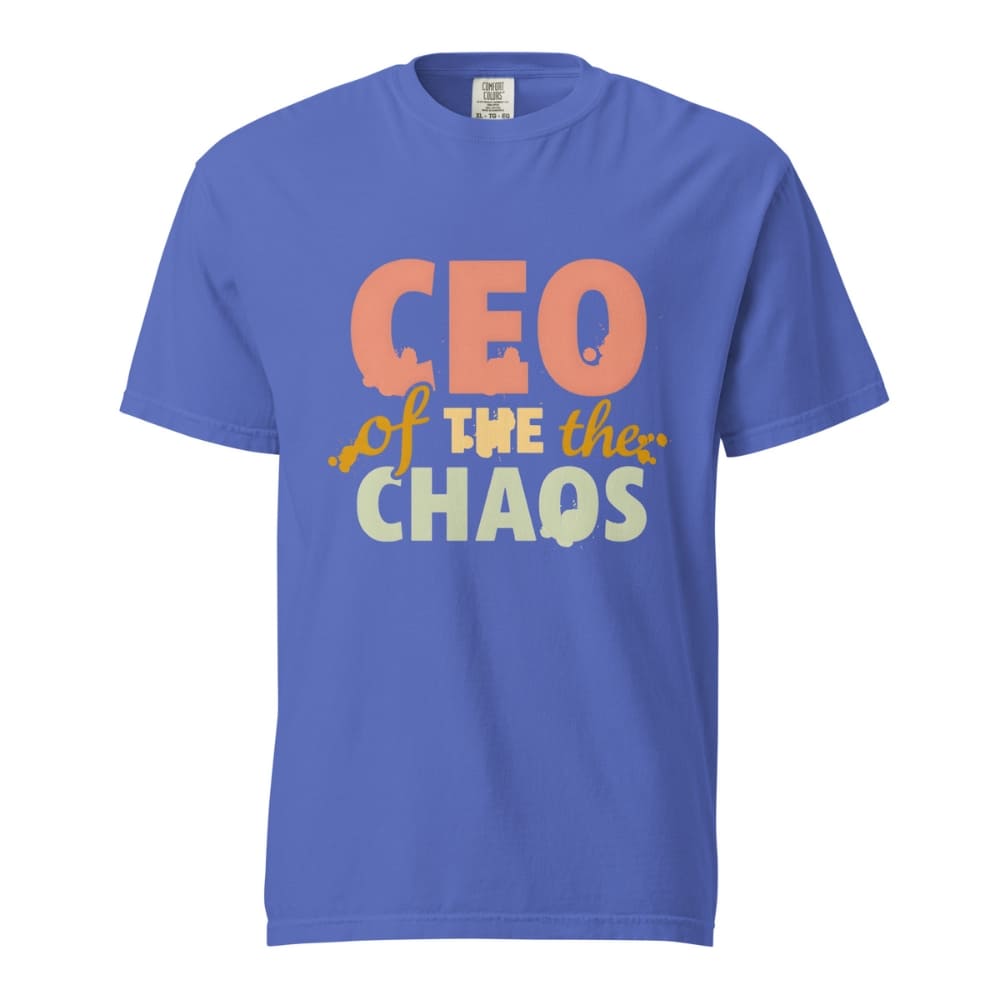 CEO of the Chaos” printed on a heavyweight cotton t-shirt in soft pastel ink, laid flat with a minimal lifestyle background.