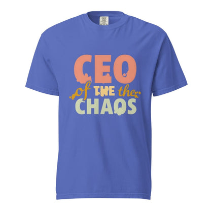 CEO of the Chaos” printed on a heavyweight cotton t-shirt in soft pastel ink, laid flat with a minimal lifestyle background.