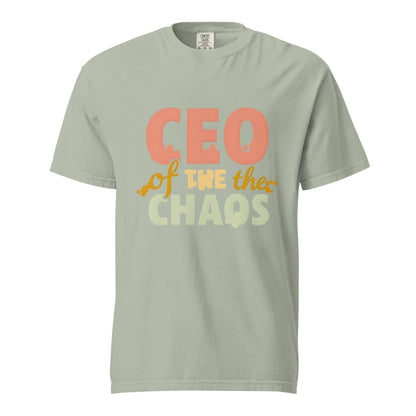 CEO of the Chaos” printed on a heavyweight cotton t-shirt in soft pastel ink, laid flat with a minimal lifestyle background.