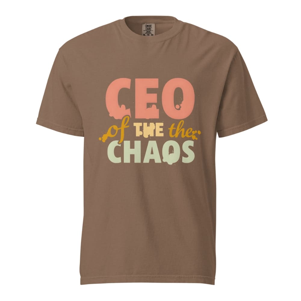 CEO of the Chaos” printed on a heavyweight cotton t-shirt in soft pastel ink, laid flat with a minimal lifestyle background.