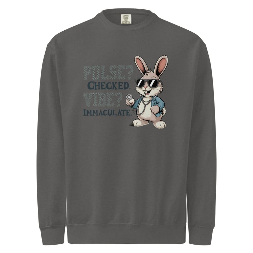 Gray sweatshirt with a cartoon rabbit and text on a white background