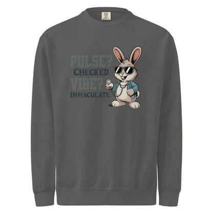 Gray sweatshirt with a cartoon rabbit and text on a white background