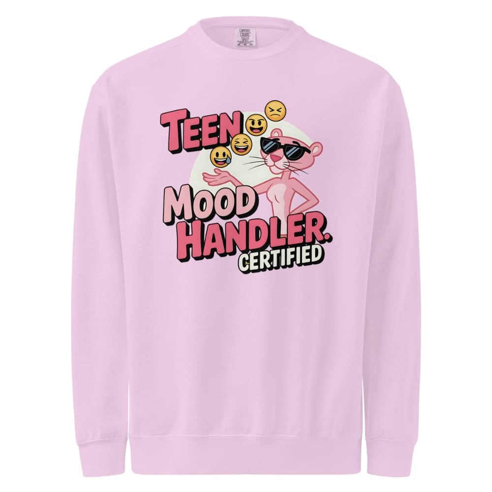 Pink sweatshirt with cartoon character and text 'Teen Mood Handler Certified' on a white background