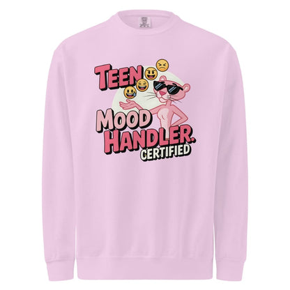 Pink sweatshirt with cartoon character and text 'Teen Mood Handler Certified' on a white background
