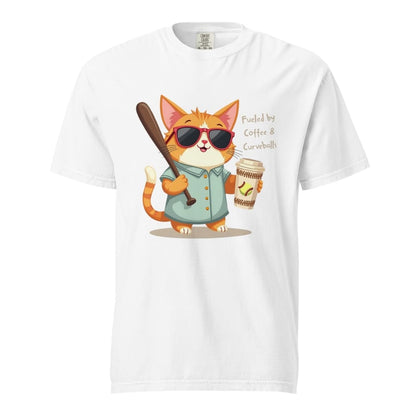 Cool cat with sunglasses holding a softball bat and coffee cup, beside text “Fueled by Coffee & Curveballs” – printed on soft heavyweight t-shirt for sporty moms