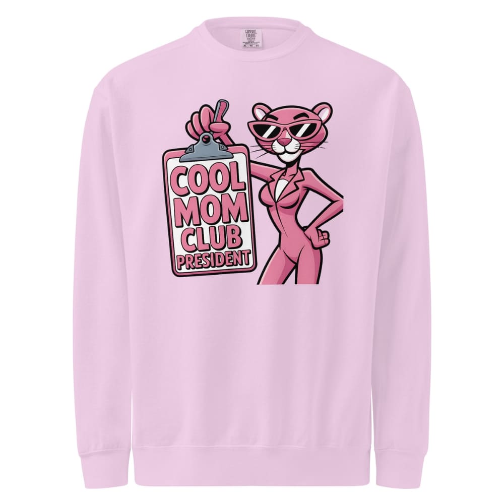 Pink sweatshirt with a cartoon pink panther character and 'Cool Mom Club President' text on a white background