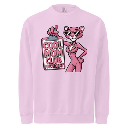 Pink sweatshirt with a cartoon pink panther character and 'Cool Mom Club President' text on a white background