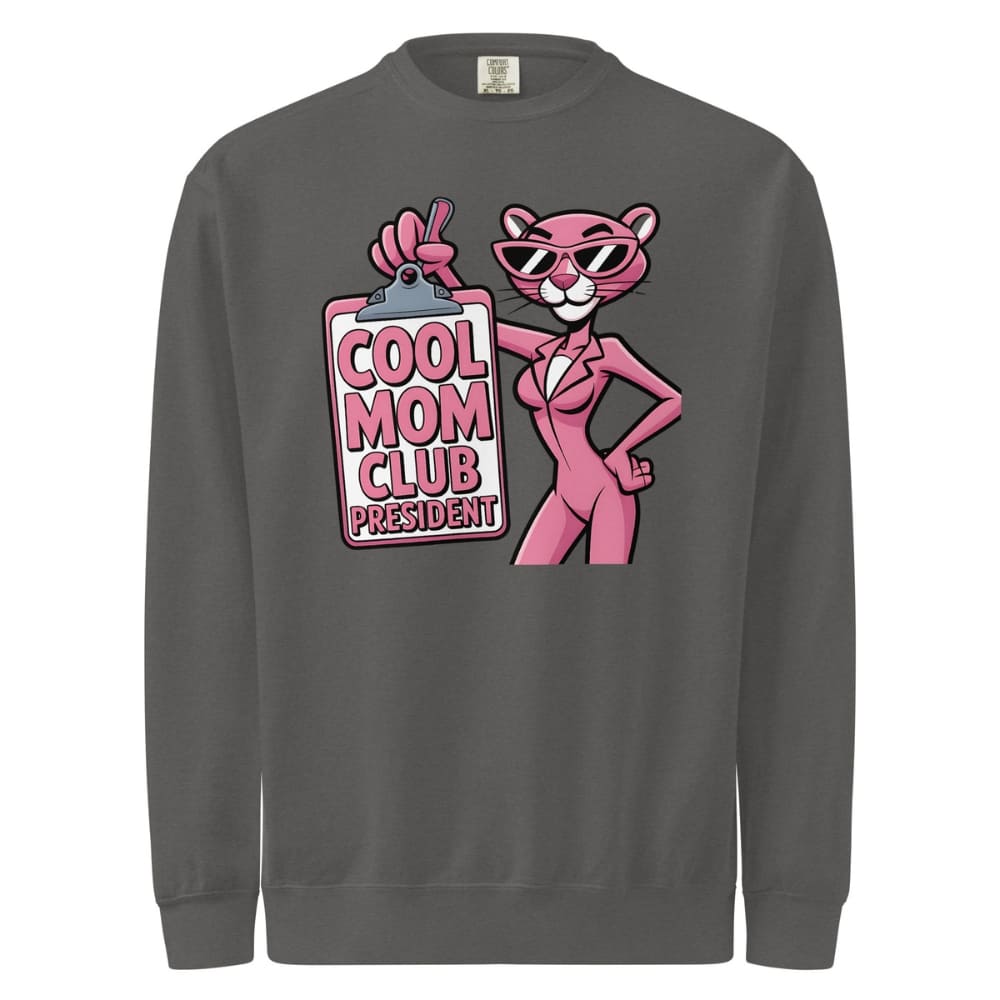 Gray sweatshirt with a pink panther graphic and 'Cool Mom Club President' text on a white background