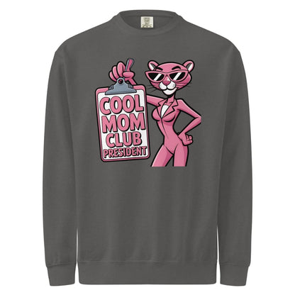 Gray sweatshirt with a pink panther graphic and 'Cool Mom Club President' text on a white background