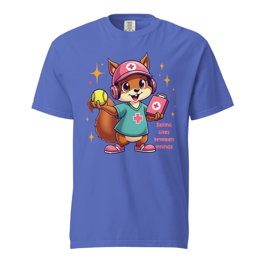 Cute squirrel nurse cartoon in scrubs, pink cap, and headset holding a softball and medical kit with the phrase “Saving Lives Between Innings” — printed on a heavyweight cotton t-shirt