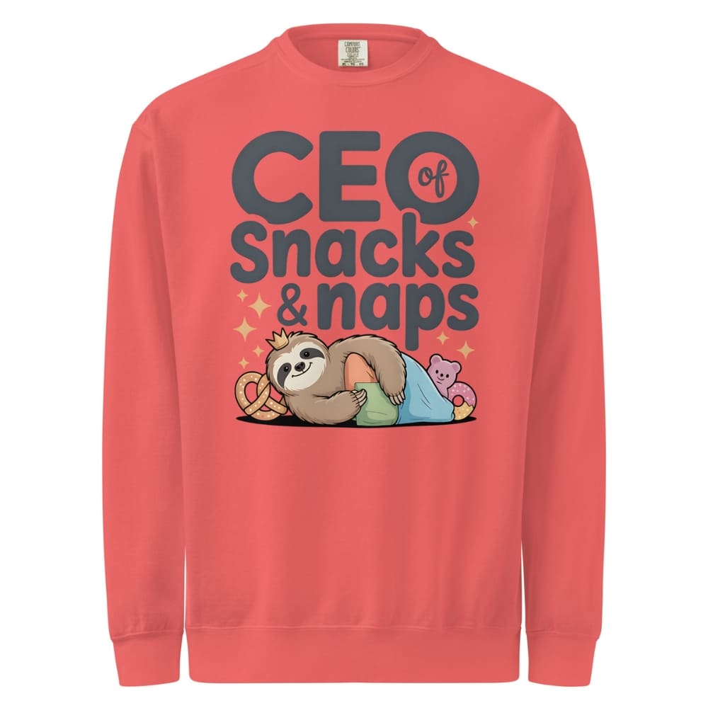 "CEO of Snacks & Naps" printed sweatshirt featuring a sloth in a crown surrounded by pretzels and plushies on vintage-washed cotton fleece