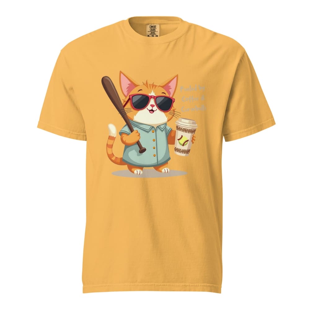 Cool cat with sunglasses holding a softball bat and coffee cup, beside text “Fueled by Coffee & Curveballs” – printed on soft heavyweight t-shirt for sporty moms