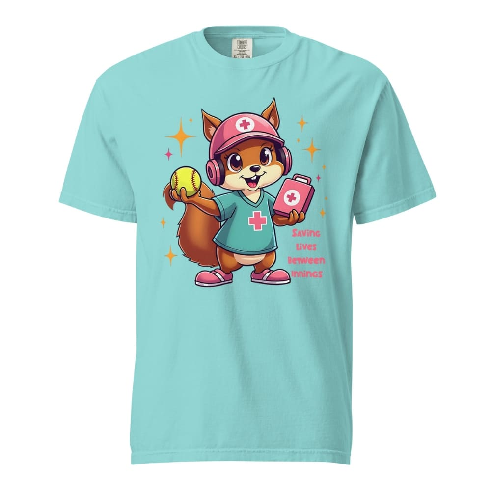 Cute squirrel nurse cartoon in scrubs, pink cap, and headset holding a softball and medical kit with the phrase “Saving Lives Between Innings” — printed on a heavyweight cotton t-shirt