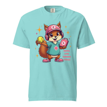 Cute squirrel nurse cartoon in scrubs, pink cap, and headset holding a softball and medical kit with the phrase “Saving Lives Between Innings” — printed on a heavyweight cotton t-shirt