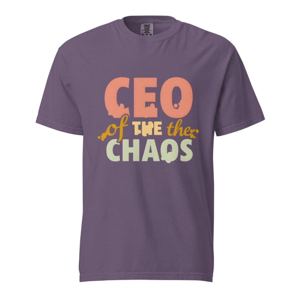 CEO of the Chaos” printed on a heavyweight cotton t-shirt in soft pastel ink, laid flat with a minimal lifestyle background.