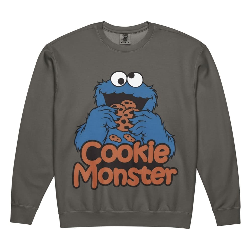 Gray sweatshirt with Cookie Monster graphic on a white background